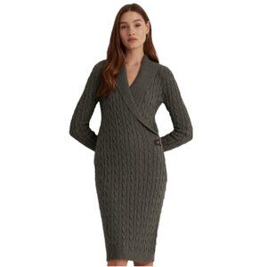 Calvin Klein Gray Faux Wrap Shawl Collar Cable Knit Sweater Dress Sz M